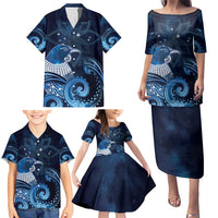 New Zealand Matariki Family Matching Puletasi and Hawaiian Shirt Maori Tui Bird Blue Galaxy