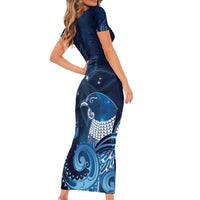 New Zealand Matariki Short Sleeve Bodycon Dress Maori Tui Bird Blue Galaxy