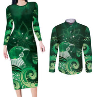 New Zealand Matariki Couples Matching Long Sleeve Bodycon Dress and Long Sleeve Button Shirt Maori Tui Bird Green Galaxy