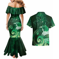New Zealand Matariki Couples Matching Mermaid Dress and Hawaiian Shirt Maori Tui Bird Green Galaxy