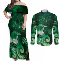 New Zealand Matariki Couples Matching Off Shoulder Maxi Dress and Long Sleeve Button Shirt Maori Tui Bird Green Galaxy
