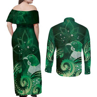 New Zealand Matariki Couples Matching Off Shoulder Maxi Dress and Long Sleeve Button Shirt Maori Tui Bird Green Galaxy