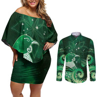 New Zealand Matariki Couples Matching Off Shoulder Short Dress and Long Sleeve Button Shirt Maori Tui Bird Green Galaxy