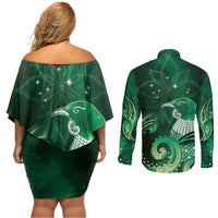 New Zealand Matariki Couples Matching Off Shoulder Short Dress and Long Sleeve Button Shirt Maori Tui Bird Green Galaxy