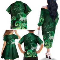 New Zealand Matariki Family Matching Off The Shoulder Long Sleeve Dress and Hawaiian Shirt Maori Tui Bird Green Galaxy