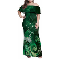 New Zealand Matariki Family Matching Off Shoulder Maxi Dress and Hawaiian Shirt Maori Tui Bird Green Galaxy