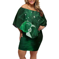 New Zealand Matariki Family Matching Off Shoulder Short Dress and Hawaiian Shirt Maori Tui Bird Green Galaxy