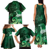 New Zealand Matariki Family Matching Tank Maxi Dress and Hawaiian Shirt Maori Tui Bird Green Galaxy