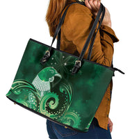 New Zealand Matariki Leather Tote Bag Maori Tui Bird Green Galaxy