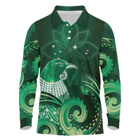 New Zealand Matariki Long Sleeve Polo Shirt Maori Tui Bird Green Galaxy DT05 Green - Polynesian Pride