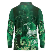 New Zealand Matariki Long Sleeve Polo Shirt Maori Tui Bird Green Galaxy DT05 - Polynesian Pride