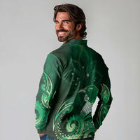 New Zealand Matariki Long Sleeve Polo Shirt Maori Tui Bird Green Galaxy DT05 - Polynesian Pride