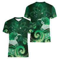 New Zealand Matariki Women V-Neck T-Shirt Maori Tui Bird Green Galaxy