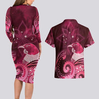 New Zealand Matariki Couples Matching Long Sleeve Bodycon Dress and Hawaiian Shirt Maori Tui Bird Magenta Galaxy