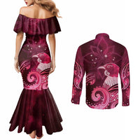 New Zealand Matariki Couples Matching Mermaid Dress and Long Sleeve Button Shirt Maori Tui Bird Magenta Galaxy