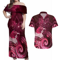 New Zealand Matariki Couples Matching Off Shoulder Maxi Dress and Hawaiian Shirt Maori Tui Bird Magenta Galaxy