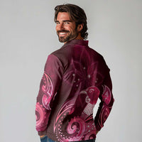 New Zealand Matariki Long Sleeve Polo Shirt Maori Tui Bird Magenta Galaxy