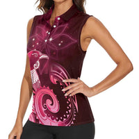 New Zealand Matariki Women Sleeveless Polo Shirt Maori Tui Bird Magenta Galaxy