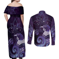 New Zealand Matariki Couples Matching Off Shoulder Maxi Dress and Long Sleeve Button Shirt Maori Tui Bird Purple Galaxy
