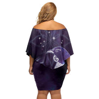 New Zealand Matariki Family Matching Off Shoulder Short Dress and Hawaiian Shirt Maori Tui Bird Purple Galaxy