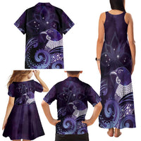 New Zealand Matariki Family Matching Tank Maxi Dress and Hawaiian Shirt Maori Tui Bird Purple Galaxy
