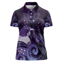 New Zealand Matariki Women Polo Shirt Maori Tui Bird Purple Galaxy