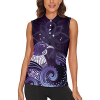 New Zealand Matariki Women Sleeveless Polo Shirt Maori Tui Bird Purple Galaxy