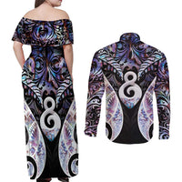New Zealand Aotearoa Couples Matching Off Shoulder Maxi Dress and Long Sleeve Button Shirt Pikorua Single Twist Pink Paua Shell