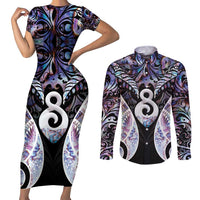 New Zealand Aotearoa Couples Matching Short Sleeve Bodycon Dress and Long Sleeve Button Shirt Pikorua Single Twist Pink Paua Shell