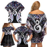 New Zealand Aotearoa Family Matching Off Shoulder Short Dress and Hawaiian Shirt Pikorua Single Twist Pink Paua Shell