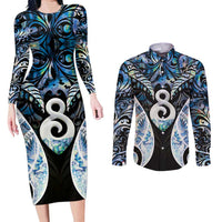 New Zealand Aotearoa Couples Matching Long Sleeve Bodycon Dress and Long Sleeve Button Shirt Pikorua Single Twist Green Paua Shell