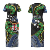 South Sea Islanders And Fiji Family Matching Short Sleeve Bodycon Dress and Hawaiian Shirt Fijian Coat Of Arms And Southern Cross DT05 Mom's Dress Black - Polynesian Pride