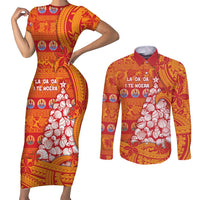 French Polynesia Christmas Couples Matching Short Sleeve Bodycon Dress and Long Sleeve Button Shirt Seashell Xmas Tree Tribal Waves - Polynesian Pride