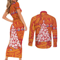 French Polynesia Christmas Couples Matching Short Sleeve Bodycon Dress and Long Sleeve Button Shirt Seashell Xmas Tree Tribal Waves - Polynesian Pride