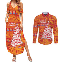 French Polynesia Christmas Couples Matching Summer Maxi Dress and Long Sleeve Button Shirt Seashell Xmas Tree Tribal Waves - Polynesian Pride