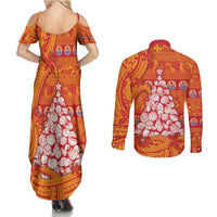 French Polynesia Christmas Couples Matching Summer Maxi Dress and Long Sleeve Button Shirt Seashell Xmas Tree Tribal Waves - Polynesian Pride