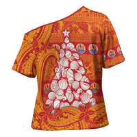 French Polynesia Christmas Cross Shoulder Shirt Seashell Xmas Tree Tribal Waves - Polynesian Pride