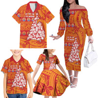French Polynesia Christmas Family Matching Off The Shoulder Long Sleeve Dress and Hawaiian Shirt Seashell Xmas Tree Tribal Waves - Polynesian Pride