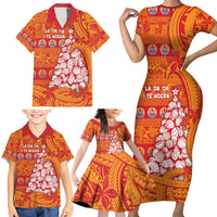 French Polynesia Christmas Family Matching Short Sleeve Bodycon Dress and Hawaiian Shirt Seashell Xmas Tree Tribal Waves - Polynesian Pride