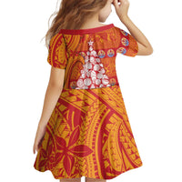 French Polynesia Christmas Kid Short Sleeve Dress Seashell Xmas Tree Tribal Waves - Polynesian Pride