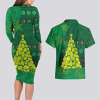 Cook Islands Christmas Couples Matching Long Sleeve Bodycon Dress and Hawaiian Shirt Seashell Xmas Tree Tribal Waves - Polynesian Pride