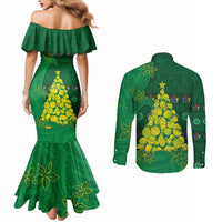 Cook Islands Christmas Couples Matching Mermaid Dress and Long Sleeve Button Shirt Seashell Xmas Tree Tribal Waves - Polynesian Pride