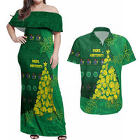 Cook Islands Christmas Couples Matching Off Shoulder Maxi Dress and Hawaiian Shirt Seashell Xmas Tree Tribal Waves - Polynesian Pride