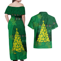 Cook Islands Christmas Couples Matching Off Shoulder Maxi Dress and Hawaiian Shirt Seashell Xmas Tree Tribal Waves - Polynesian Pride