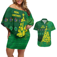 Cook Islands Christmas Couples Matching Off Shoulder Short Dress and Hawaiian Shirt Seashell Xmas Tree Tribal Waves - Polynesian Pride