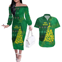 Cook Islands Christmas Couples Matching Off The Shoulder Long Sleeve Dress and Hawaiian Shirt Seashell Xmas Tree Tribal Waves - Polynesian Pride
