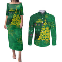 Cook Islands Christmas Couples Matching Puletasi and Long Sleeve Button Shirt Seashell Xmas Tree Tribal Waves - Polynesian Pride