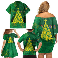 Cook Islands Christmas Family Matching Off Shoulder Short Dress and Hawaiian Shirt Seashell Xmas Tree Tribal Waves - Polynesian Pride