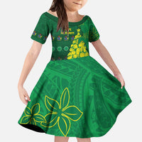 Cook Islands Christmas Kid Short Sleeve Dress Seashell Xmas Tree Tribal Waves DT05 KID Green - Polynesian Pride