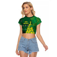 Cook Islands Christmas Raglan Cropped T Shirt Seashell Xmas Tree Tribal Waves - Polynesian Pride